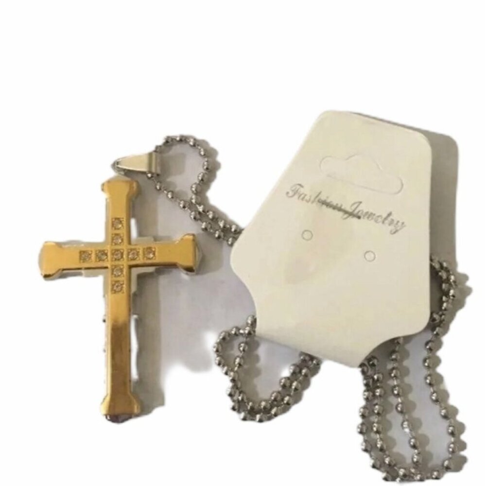 Fashion Jewelry Unisex Gold Tone Cross Pendant‎ Necklace With Crystals